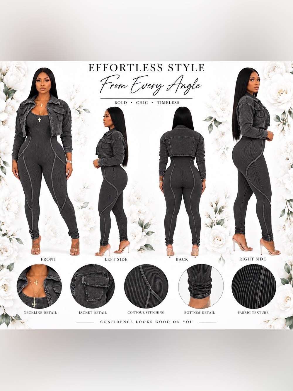 Chic Ribbed Jumpsuit with Cropped Jacket Set - Picture 3 of 3